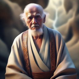 Digital art of an elderly man in flowing robes, with a wise and serene expression