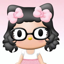 Create an image of Hello Kitty with short, wavy black hair, wearing a white headband and glasses