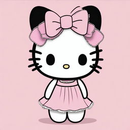 Create an image of Hello Kitty with short, wavy black hair, wearing a white headband and glasses