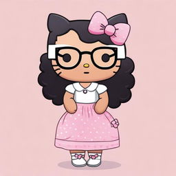 Create an image of Hello Kitty with short, wavy black hair, wearing a white headband and glasses