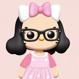 Create an image of Hello Kitty with short, wavy black hair, wearing a white headband and glasses