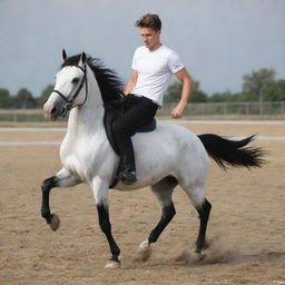 A youthful 25-year-old man wearing a white t-shirt and black pants is atop a galloping horse, exhibiting an excellent display of equine control.