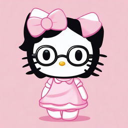 Create an image of Hello Kitty with short, wavy black hair, wearing a white headband and glasses