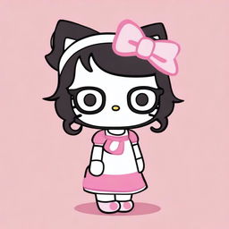 Create an image of Hello Kitty with short, wavy black hair, wearing a white headband and glasses