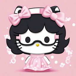 Create an image of Hello Kitty with short, wavy black hair, wearing a white headband and glasses