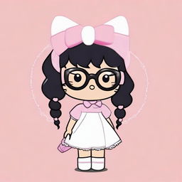 Create an image of Hello Kitty with short, wavy black hair, wearing a white headband and glasses