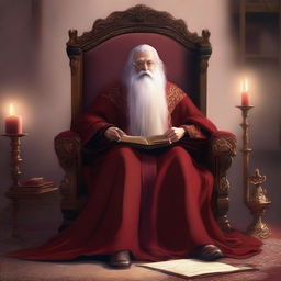 Digital illustration of an elderly human mage sitting down in a chair with flowing deep red robes