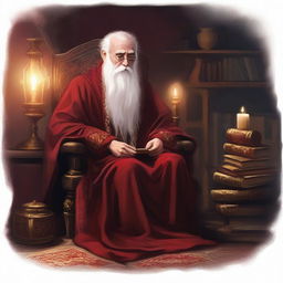 Digital illustration of an elderly human mage sitting down in a chair with flowing deep red robes