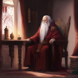 Digital illustration of an elderly human mage sitting down in a chair with flowing deep red robes