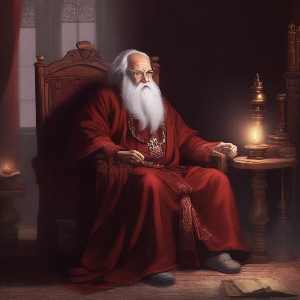 Digital illustration of an elderly human mage sitting down in a chair with flowing deep red robes