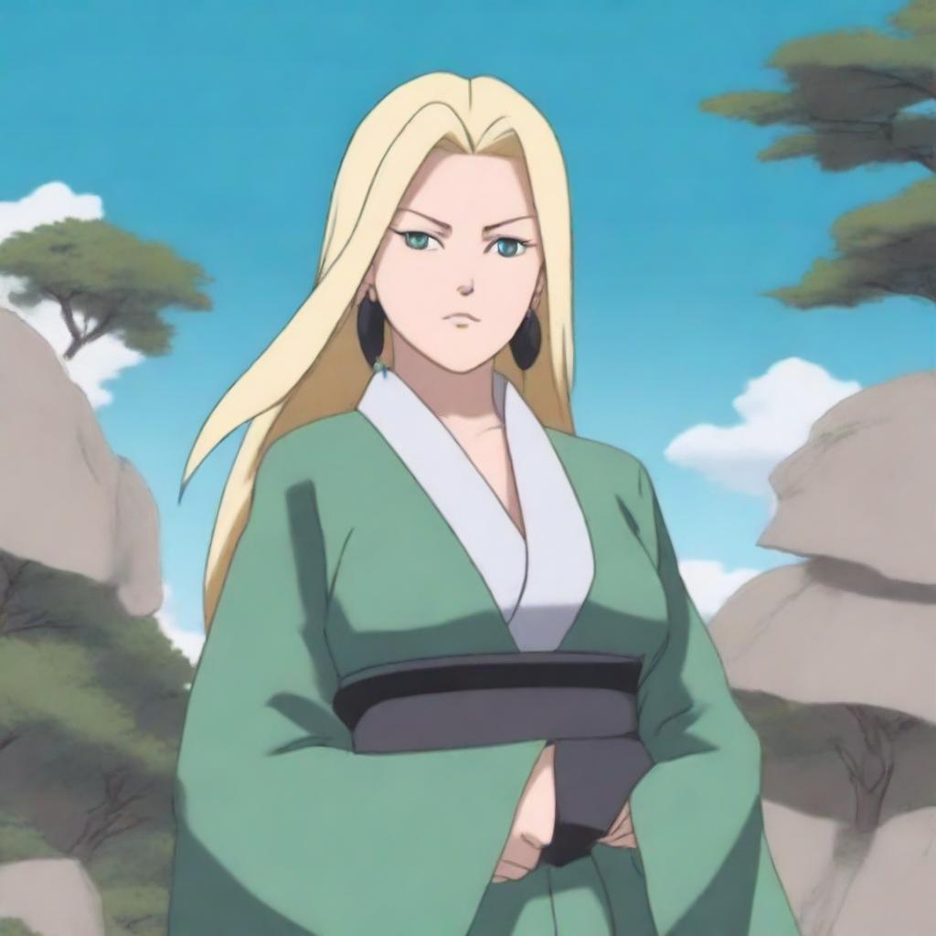 A detailed illustration of Tsunade from Naruto, depicted with a fuller figure