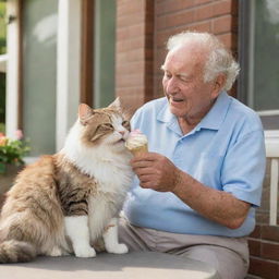 A heartwarming scene of an elderly man and a fluffy cat both enjoying ice cream cones together on a sunny patio.