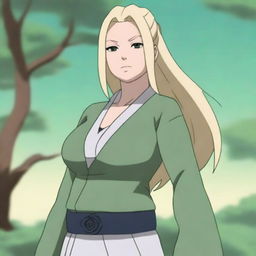 A detailed illustration of Tsunade from Naruto, depicted with a fuller figure