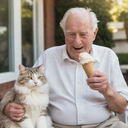 A heartwarming scene of an elderly man and a fluffy cat both enjoying ice cream cones together on a sunny patio.