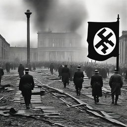 Create an image that visually represents the rise and fall of the Nazis as a chilling reminder of the dangers of extremism, hatred, and unchecked power