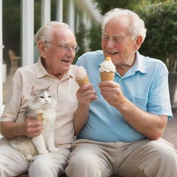 A heartwarming scene of an elderly man and a fluffy cat both enjoying ice cream cones together on a sunny patio.