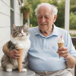 A heartwarming scene of an elderly man and a fluffy cat both enjoying ice cream cones together on a sunny patio.