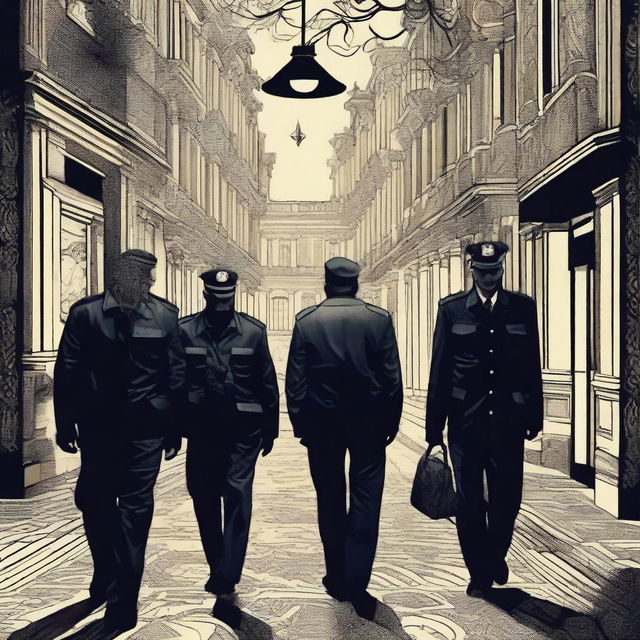 Create an image rich in symbolism depicting the Romanian secret police engaged in spying activities