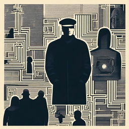 Create a symbolic image depicting the Romanian secret police engaged in spying activities