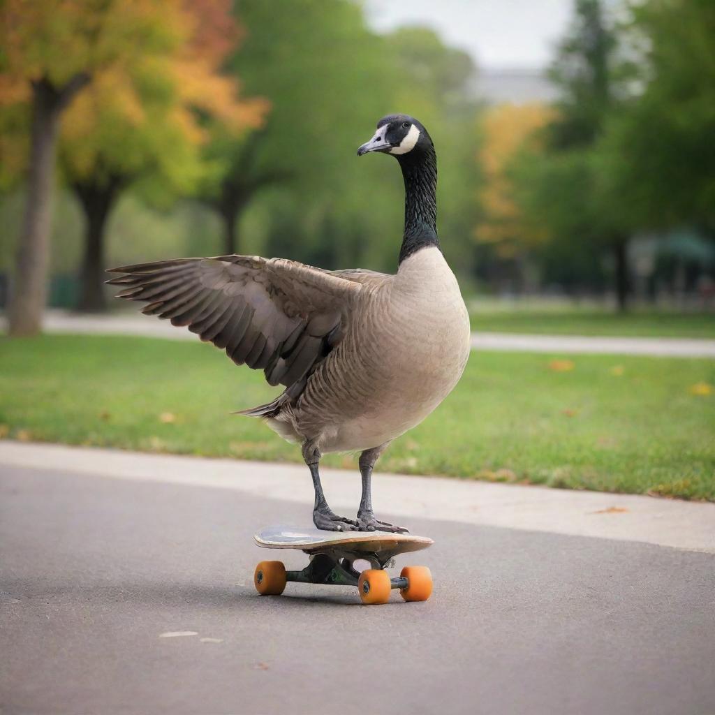 An energetic goose skateboarder, gliding down the sidewalk of a vibrant city park, executing challenging tricks with grace and flare.