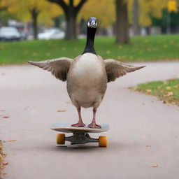 An energetic goose skateboarder, gliding down the sidewalk of a vibrant city park, executing challenging tricks with grace and flare.