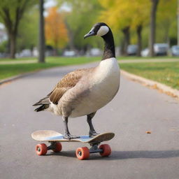 An energetic goose skateboarder, gliding down the sidewalk of a vibrant city park, executing challenging tricks with grace and flare.