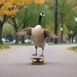 An energetic goose skateboarder, gliding down the sidewalk of a vibrant city park, executing challenging tricks with grace and flare.