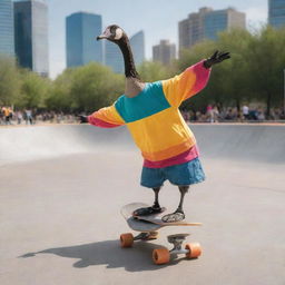 A skater goose, dressed in a colorful skater garb, executing stylish tricks with a skateboard, amidst a bustling city skate park.