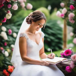 A vibrant and joyous scene depicting a wedding day, with a bride writing in her diary