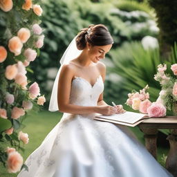 A vibrant and joyous scene depicting a wedding day, with a bride writing in her diary