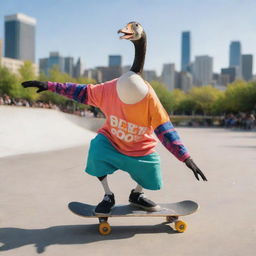 A skater goose, dressed in a colorful skater garb, executing stylish tricks with a skateboard, amidst a bustling city skate park.