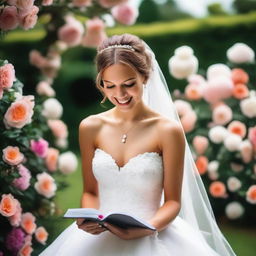 A vibrant and joyous scene depicting a wedding day, with a bride writing in her diary