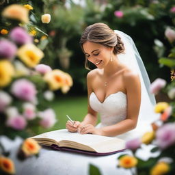 A vibrant and joyous scene depicting a wedding day, with a bride writing in her diary