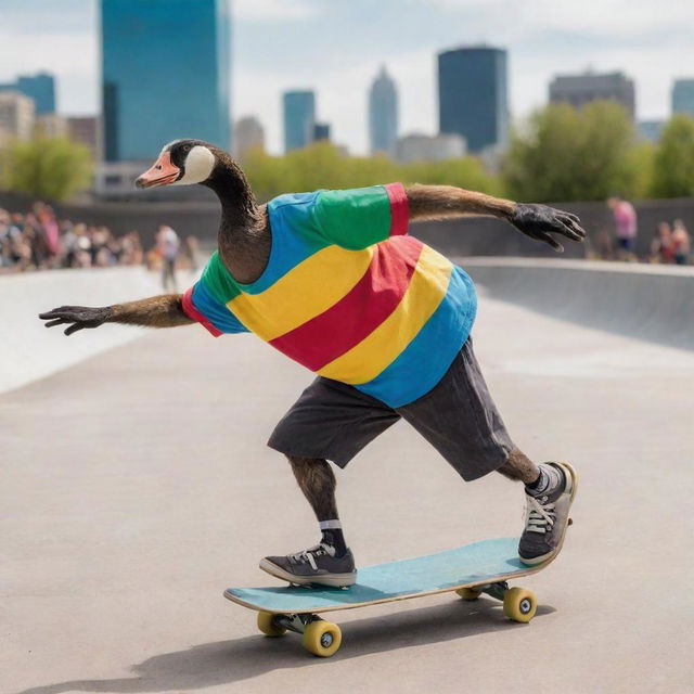 A skater goose, dressed in a colorful skater garb, executing stylish tricks with a skateboard, amidst a bustling city skate park.