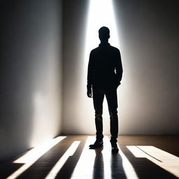 A man standing with a bright light shining from beside him, casting dramatic shadows