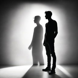 A man standing with a bright light shining from beside him, casting dramatic shadows