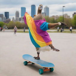 A skater goose, dressed in a colorful skater garb, executing stylish tricks with a skateboard, amidst a bustling city skate park.