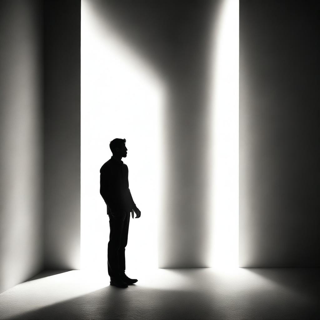 A man standing with a bright light shining from beside him, casting dramatic shadows