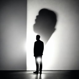 A man standing with a bright light shining from beside him, casting dramatic shadows