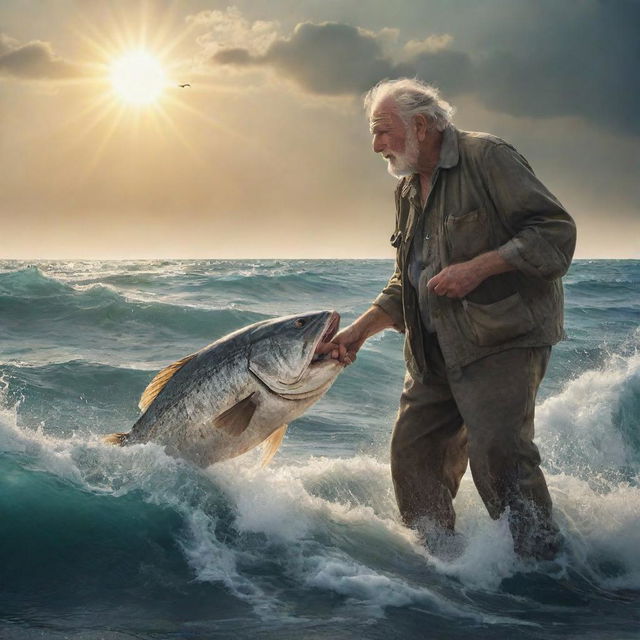 An aged fisherman, struggling with a monstrous fish in the vast expanse of a turbulent sea under a glaring sun, an interpretation of Hemingway's 'The Old Man and the Sea'.