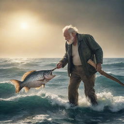 An aged fisherman, struggling with a monstrous fish in the vast expanse of a turbulent sea under a glaring sun, an interpretation of Hemingway's 'The Old Man and the Sea'.