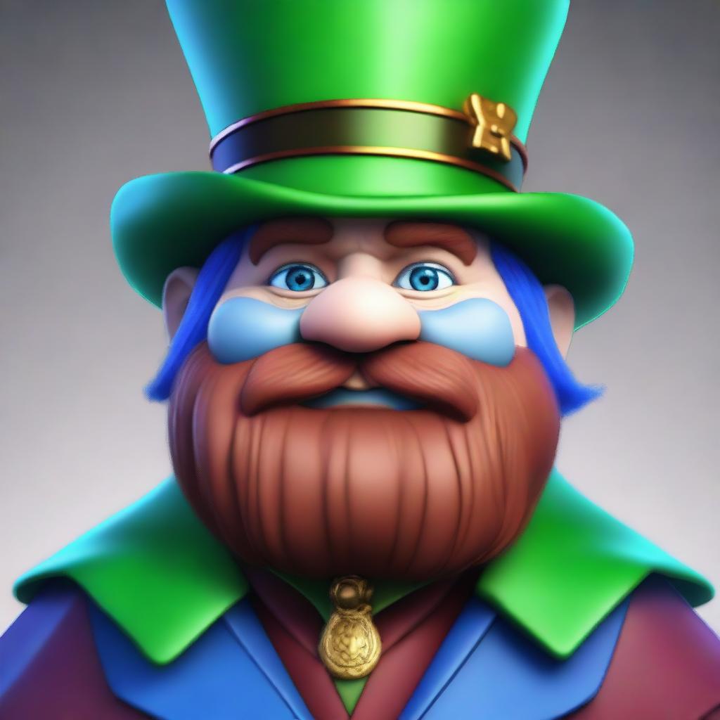 A medium-height dwarf with blue skin, wearing a green cape and a burgundy top hat