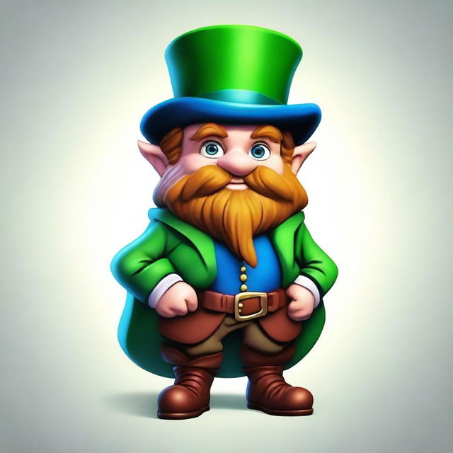 A medium-height dwarf with blue skin, wearing a green cape and a burgundy top hat