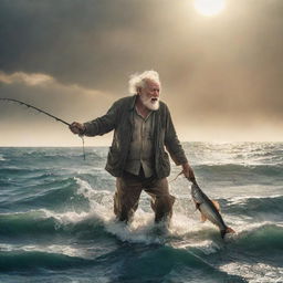 An aged fisherman, struggling with a monstrous fish in the vast expanse of a turbulent sea under a glaring sun, an interpretation of Hemingway's 'The Old Man and the Sea'.