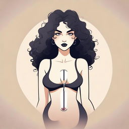 A stylized illustration of a woman with black curly hair, an hourglass figure, and confident posture