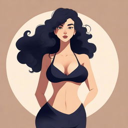 A stylized illustration of a woman with black curly hair, an hourglass figure, and confident posture