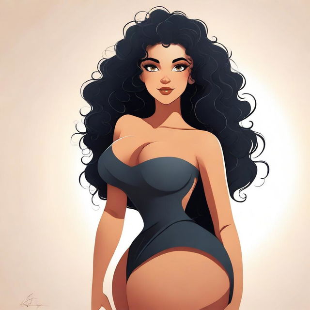 A stylized illustration of a woman with black curly hair, an hourglass figure, and confident posture