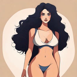 A stylized illustration of a woman with black curly hair, an hourglass figure, and confident posture