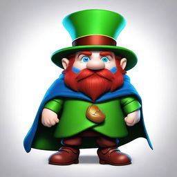 A medium-height dwarf with blue skin, wearing a green cape and a burgundy top hat