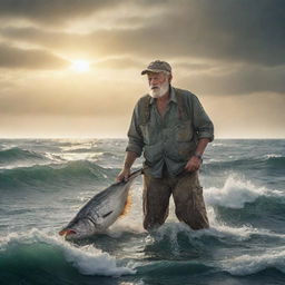 An aged fisherman, struggling with a monstrous fish in the vast expanse of a turbulent sea under a glaring sun, an interpretation of Hemingway's 'The Old Man and the Sea'.